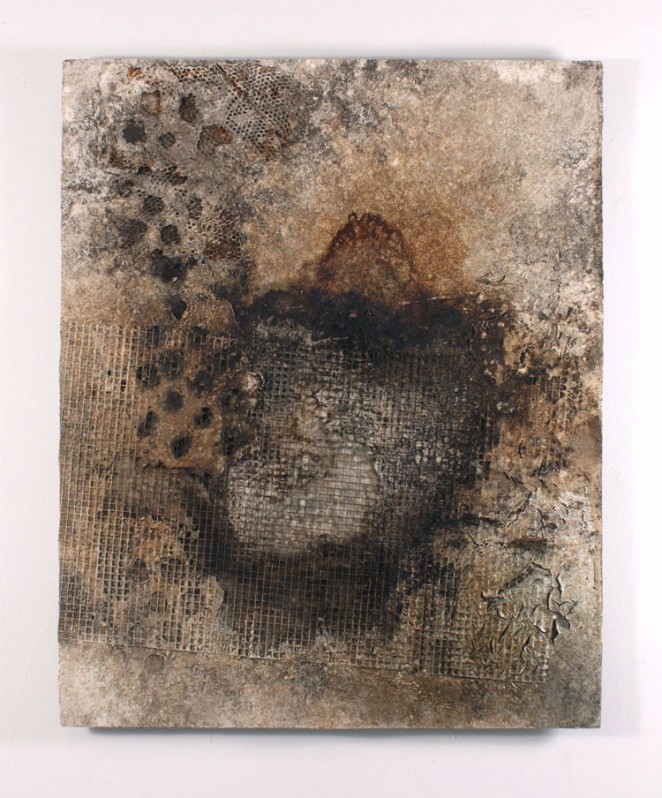 Coffee Soaked Earth Coffee, Dirt, Acrylic Paint, Metal Mesh on Wood Panel The surface was constructed then buried in the soil to allow it to decay then coffee dripped onto it for three days as it lay flat on the ground in exhibition space.